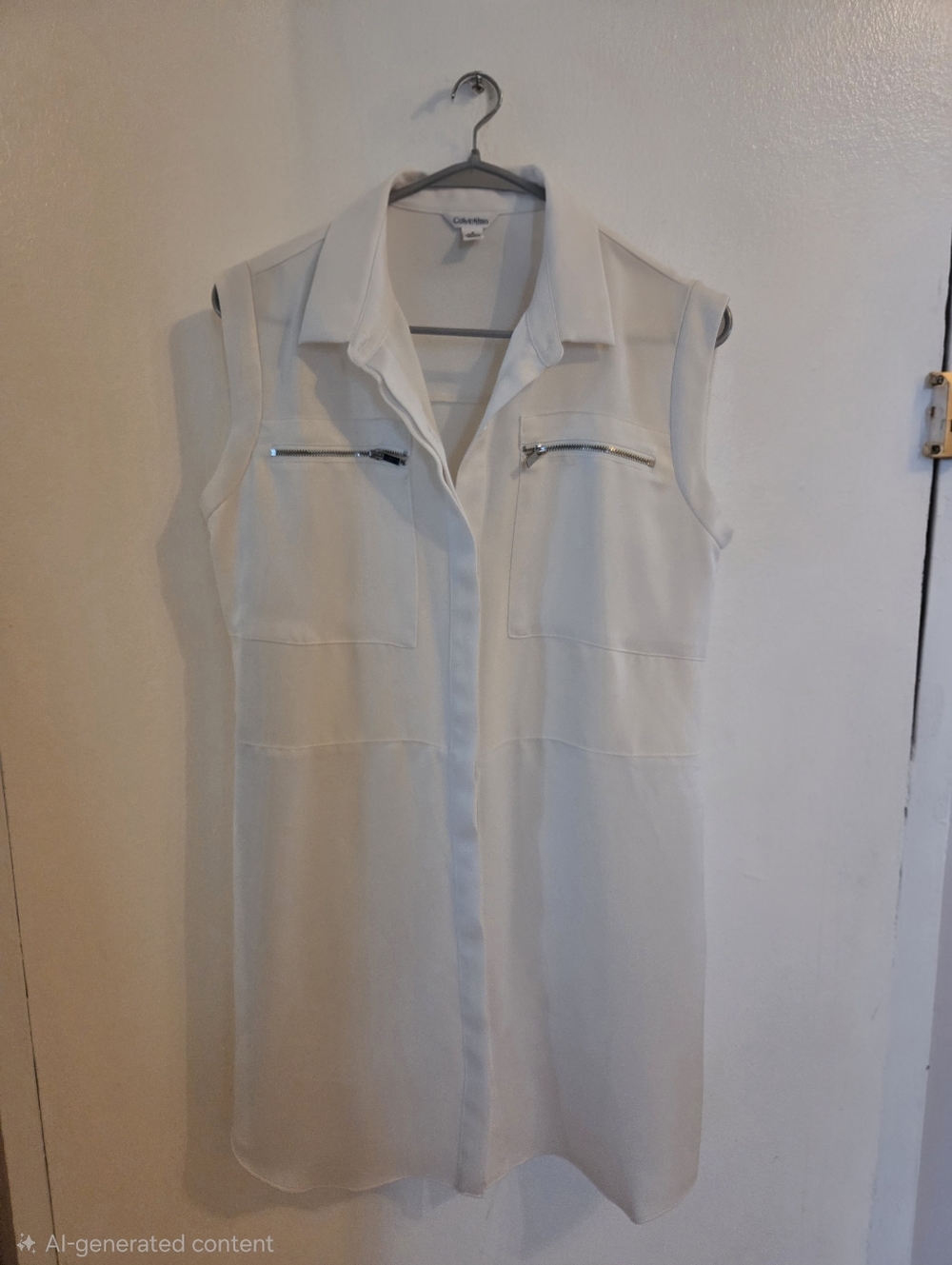 Calvin Klein Sleeveless White Button-Front Shirt Dress with Zip Pockets